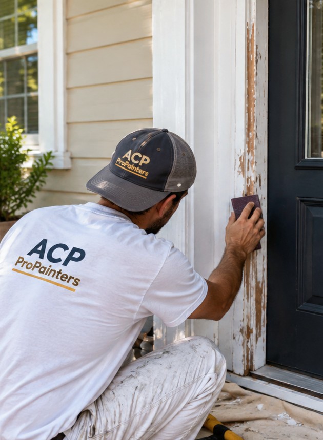 ACP ProPainters painter sanding peeling paint from exterior door trim before painting